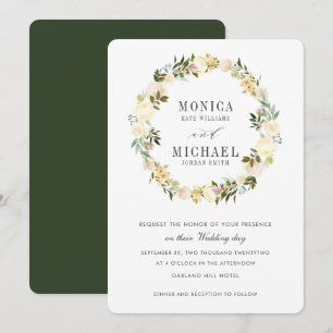 Cream and Hunter   Botanical Floral Wreath Wedding Invitation