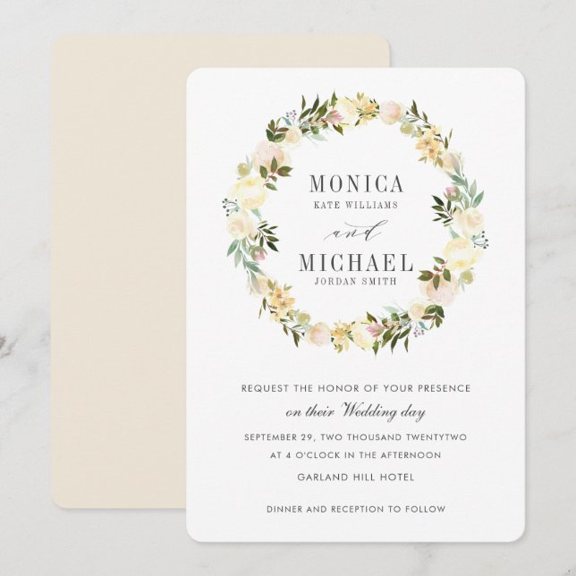 Cream and Ivory | Botanical Floral Wreath Wedding Invitation (Front/Back)