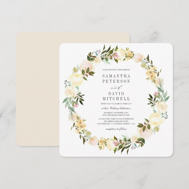 Cream and Ivory | Botanical Garland Floral Wedding Invitation (Front/Back)