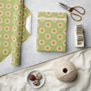 Cream and Orange Daisies on Avocado Green Pattern Wrapping Paper