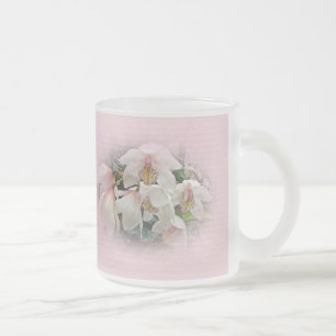Cream and Pink Orchids on Pink Frosted Glass Coffee Mug