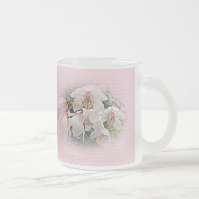 Cream and Pink Orchids on Pink Frosted Glass Coffee Mug (Right)