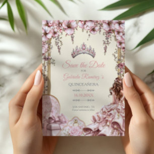 Cream and Pink Silver Tiara Floral Quinceañera Save The Date