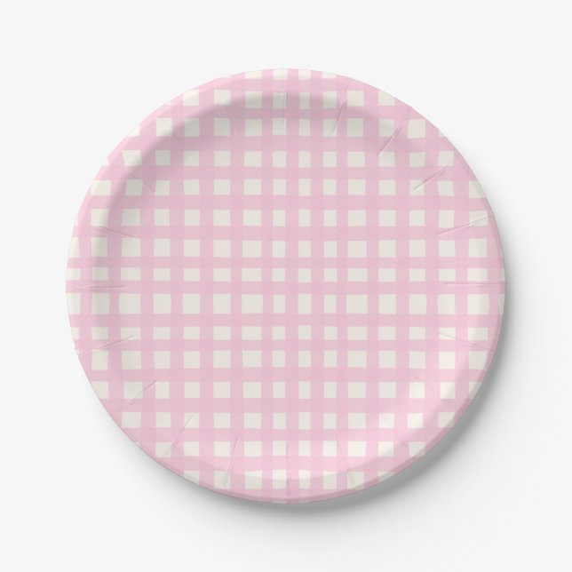 Cream and Pink Textured Imperfect Gingham Pattern Paper Plate (Front)