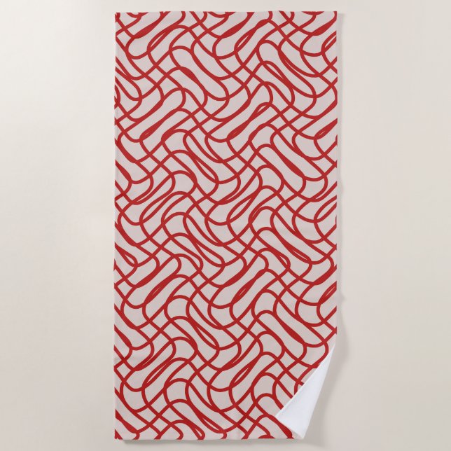 Cream And Red Abstract Line Pattern Beach Towel (Front)
