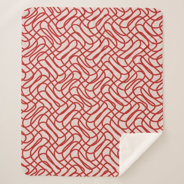 Cream And Red Abstract Line Pattern Sherpa Blanket (Front)