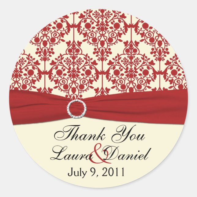 Cream and Red Damask 1.5" Thank You Sticker (Front)