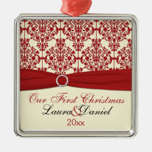 Cream and Red Damask First Christmas Ornament