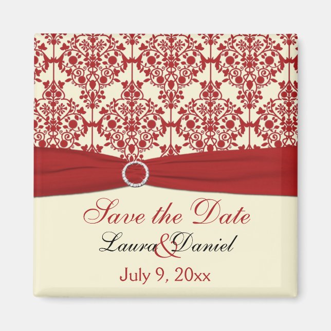 Cream and Red Damask Save the Date Magnet (Front)
