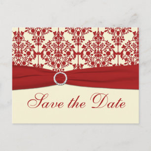 Cream and Red Damask Save the Date Postcard
