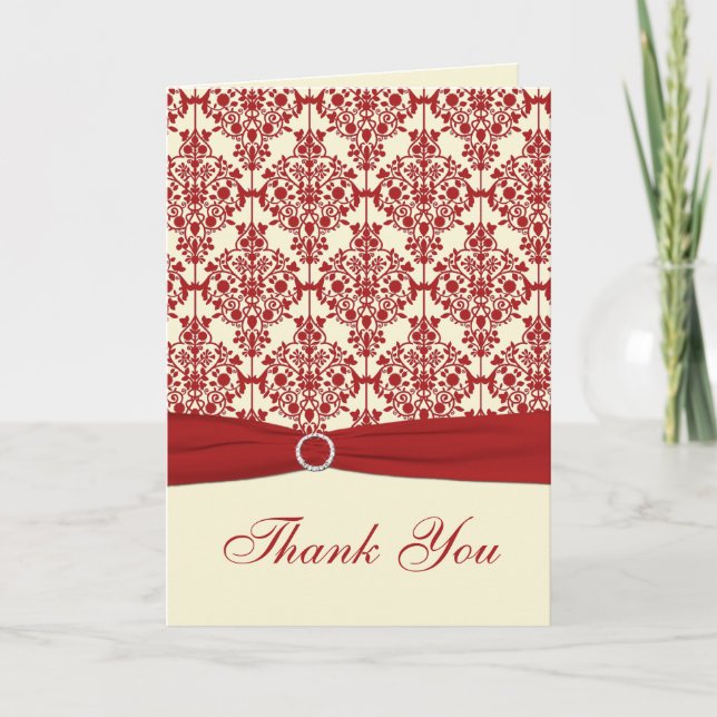 Cream and Red Damask Thank you Card (Front)