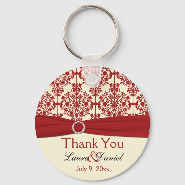 Cream and Red Damask Thank You Keychain (Front)