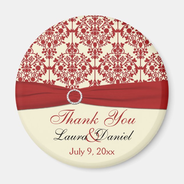 Cream and Red Damask Thank You Magnet (Front)