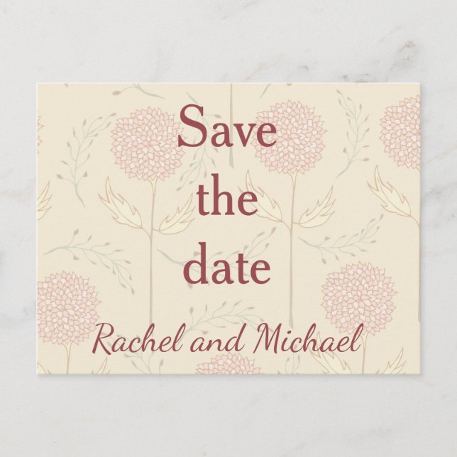 Cream and red floral save the date announcement postcard (Front)