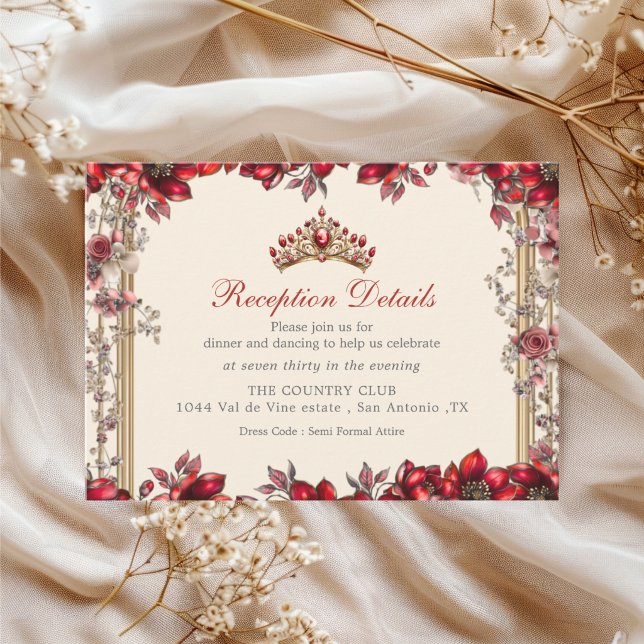 Cream and Red Golden Tiara Floral Quinceañera Enclosure Card (Creator Uploaded)
