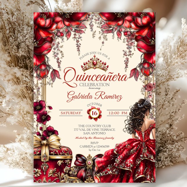 Cream and Red Golden Tiara Floral  Quinceañera Invitation (Creator Uploaded)