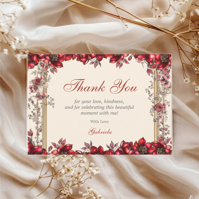 Cream and Red Golden Tiara Floral Quinceañera Thank You Card (Creator Uploaded)