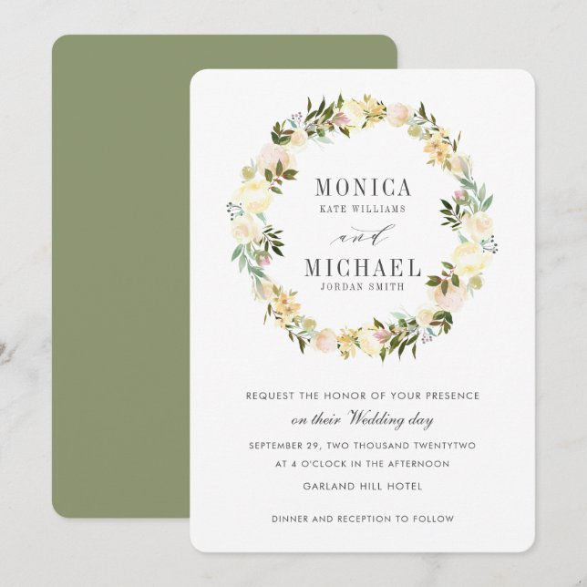 Cream and Sage | Botanical Floral Wreath Wedding Invitation (Front/Back)