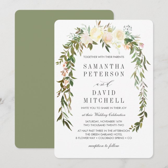 Cream and Sage | Botanical Garland Floral Wedding Invitation (Front/Back)