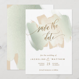 Cream and Sage Brush Strokes, Minimal Wedding Save The Date