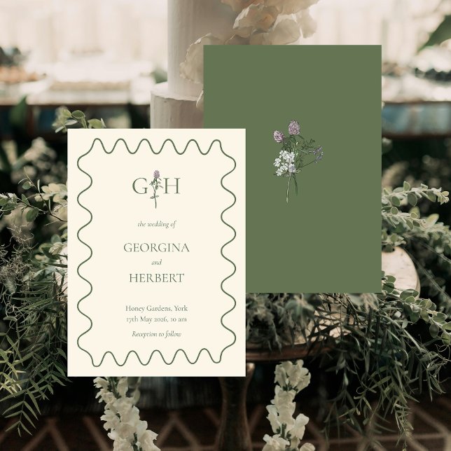 Cream and Sage Clover Monogram Wedding Invitation (Creator Uploaded)