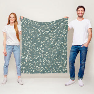 Cream and Sage Green Botanical Vine Pattern Fleece Blanket