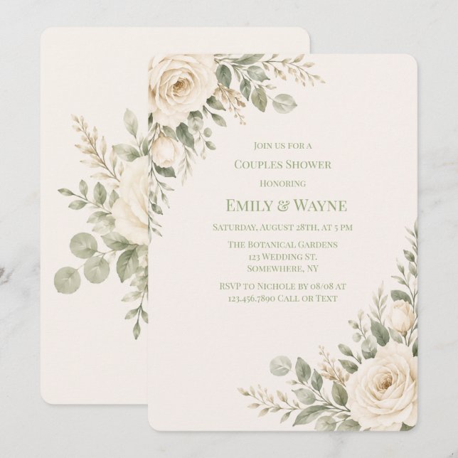 Cream and Sage Green Greenery Couples Shower Invitation (Front/Back)