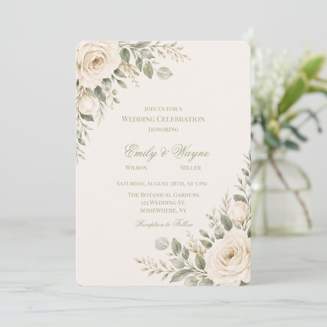 Cream and Sage Green Greenery Wedding Invitation (Standing Front)