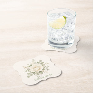 Cream and Sage Green Greenery Wedding Paper Coaster