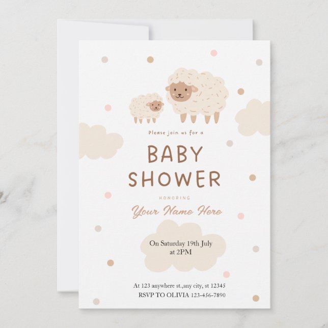 Cream and Soft Sheep Baby Shower Invitations (Front)