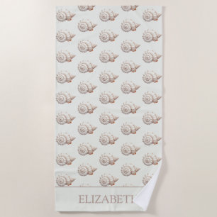 Cream and Tan Coastal Seashell Personalied Beach Towel
