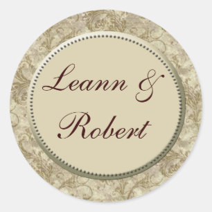 Cream and tan damask wedding stickers -