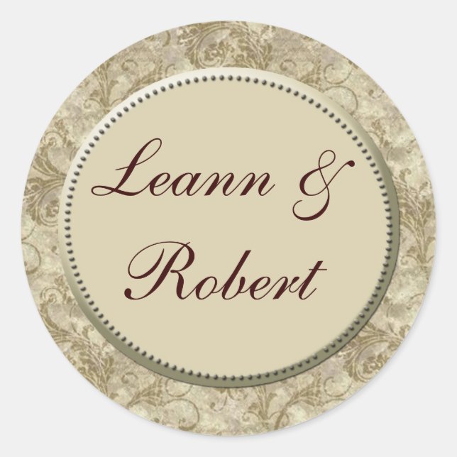 Cream and tan damask wedding stickers - (Front)