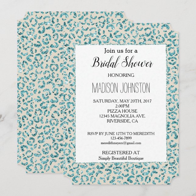 Cream Aqua Mint Glitter Leopard Animal  Invitation (Front/Back)