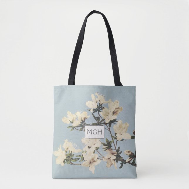 Cream Azalea Flowers Monogram Tote Bag (Front)