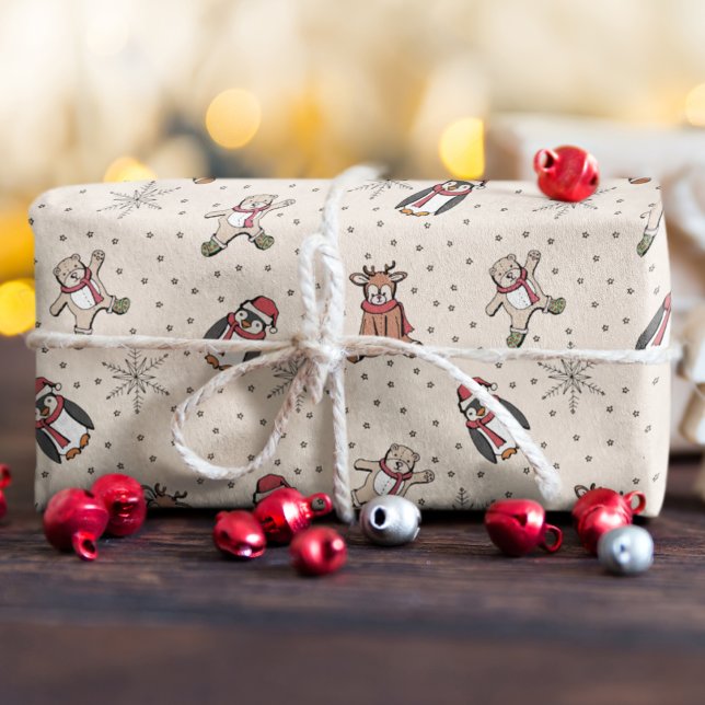 Cream Babys First Christmas Winter Animals Wrapping Paper (Baby's First Christmas Winter Animal Cream Wrapping Paper. Hand-Drawn Penguin, Reindeer, Teddy Bear)