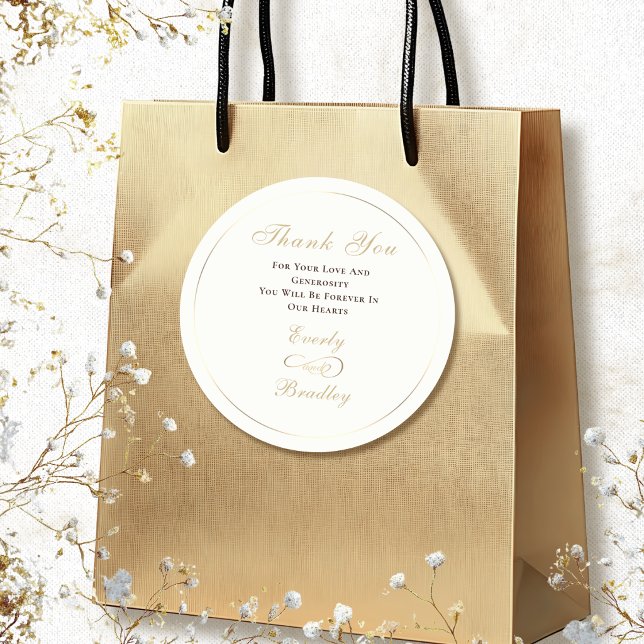 Cream Background Dark Brown Gold Script Thank You Classic Round Sticker (Creator Uploaded)