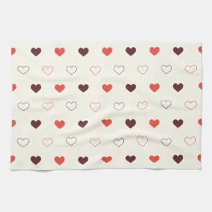Cream Background with Red & Burgundy Hearts Tea Towel
