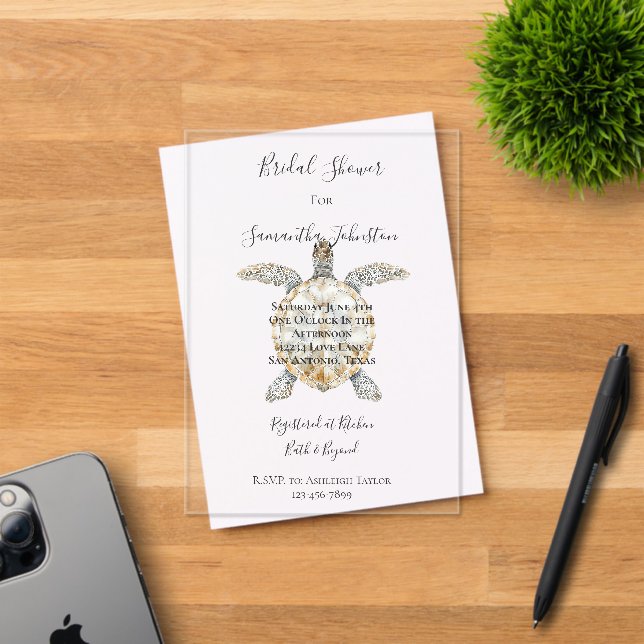 Cream Beach Sea Turtles Bridal Shower Acrylic Invitations (Insitu (Invitation Card))