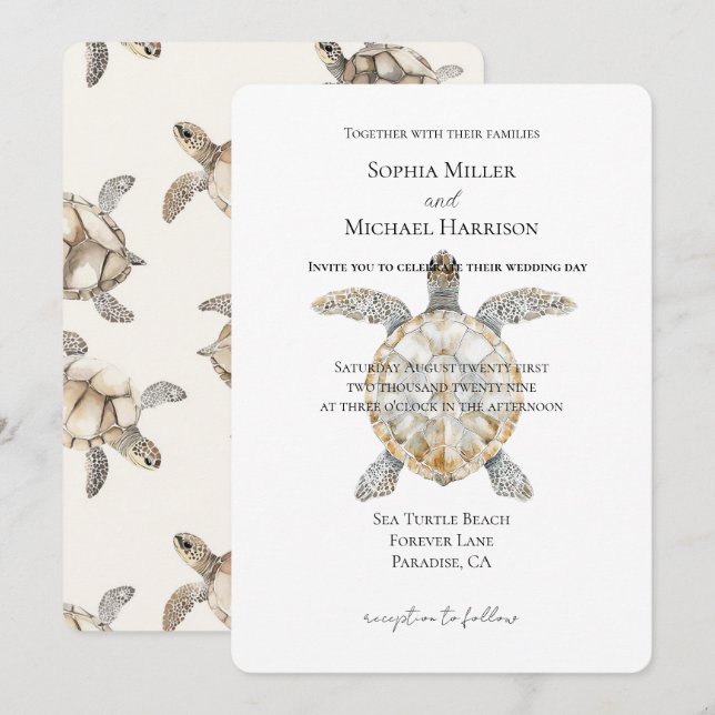 Cream Beach Sea Turtles Wedding Invitation (Front/Back)
