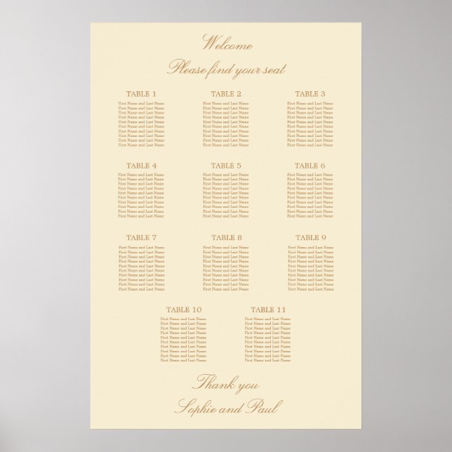 Cream Beige 11 Table Wedding Seating Chart Poster (Front)