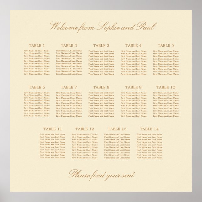 Cream Beige 14 Table Wedding Seating Chart Poster (Front)