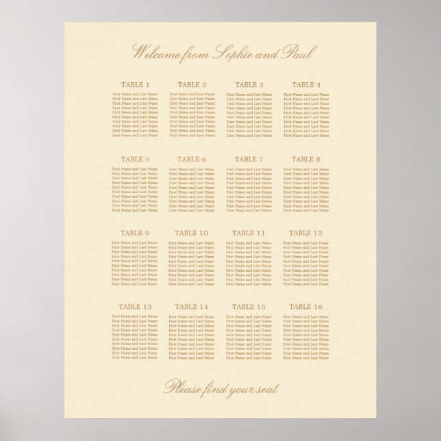 Cream Beige 16 Table Wedding Seating Chart Poster (Front)