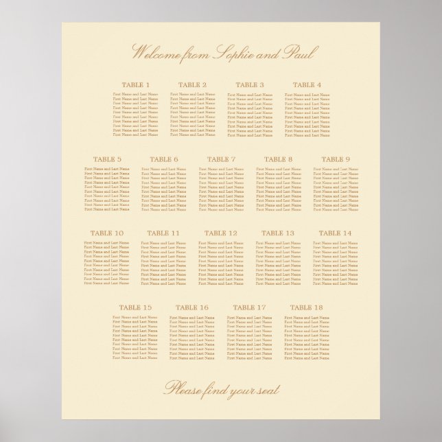 Cream Beige 18 Table Wedding Seating Chart Poster (Front)