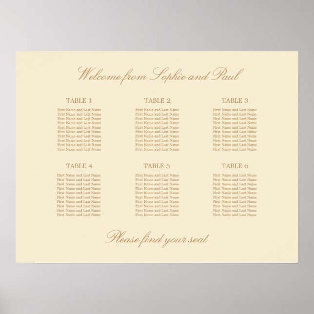 Cream Beige 6 Table Wedding Seating Chart Poster (Front)