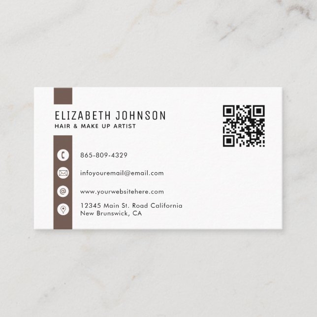Cream Beige and Brown Minimalist Simple QR Code Business Card (Front)