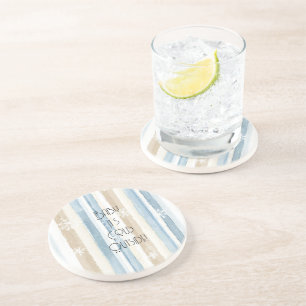 Cream Beige Blue Christmas Snowflakes Stripes Coaster