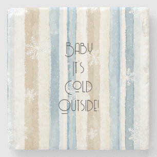 Cream Beige Blue Christmas Snowflakes Stripes Stone Coaster