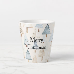 Cream Beige Blue Christmas Trees Latte Mug