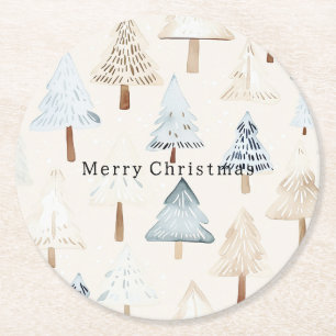 Cream Beige Blue Christmas Trees Round Paper Coaster